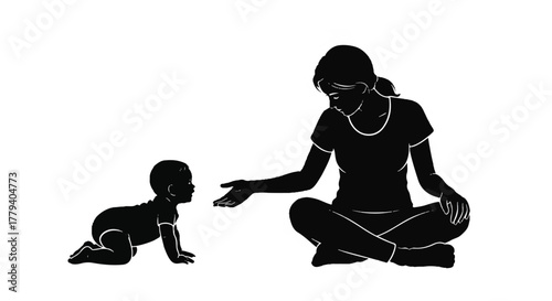 Stylized silhouette of a baby crawling towards a caring mother extending a hand, depicting early childhood development and parental bonding in a clean vector illustration