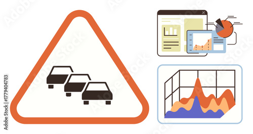 Warning sign for traffic congestion, dashboard graphs, pie chart, and area chart for data visualization. Ideal for transportation analysis, business insights, traffic forecasting, safety planning
