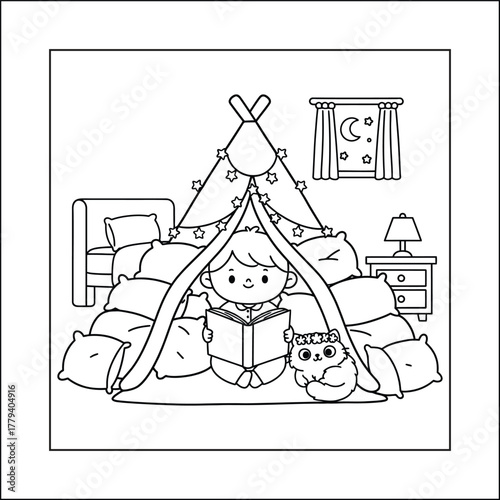 Bold and Easy, Cozy Pillow Fort Reading Vector Line Art: Cute Child and Cat in Blanket Tent, Bedroom Fun Coloring Page, Happy Slumber Party
