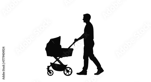 Silhouette illustration of a caring father pushing a baby stroller, symbolizing modern parenting, family walks, and parental responsibilities in daily life