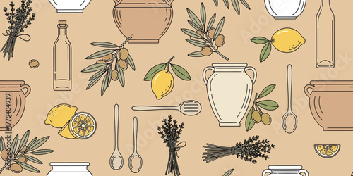 Hand drawn seamless pattern with lemons, olives, lavender, and pottery.