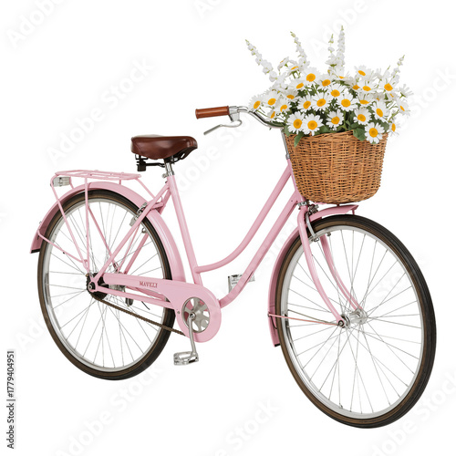 Vintage Pink Bicycle With Flowers in Basket, Perfect for Spring Outings and L...