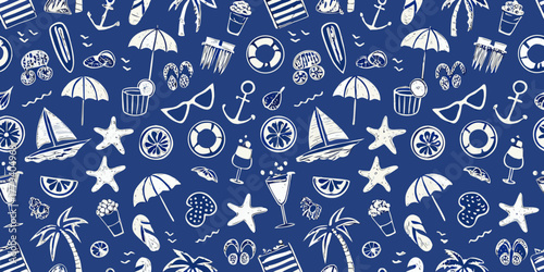 Whimsical hand drawn summer vacation pattern with beach icons on blue background