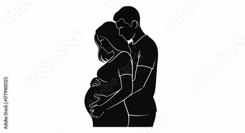 Pregnant couple silhouette, expecting parents embracing, anticipation of new life