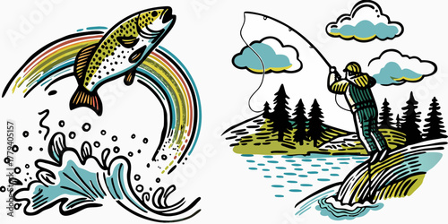 Dynamic illustration of a leaping trout and a fisherman casting a line in a scenic landscape