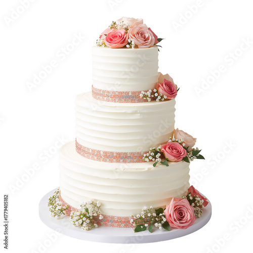 Elegant Three-Tier Cake Adorned With Pink Roses for a Special Celebration