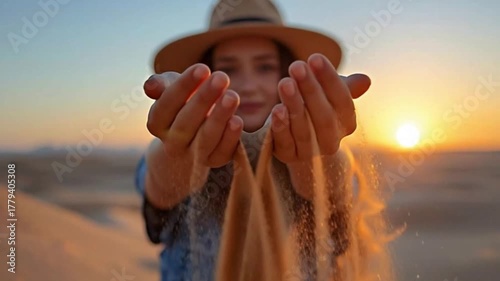 Woman in hat holding sand in hands at sunset in desert