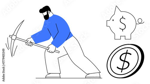 Man mining with pickaxe symbolizing hard work with coin and piggy bank illustrating investment, savings, wealth, labor, and efforts toward financial stability. Ideal for finance, economy, savings