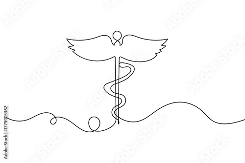 Caduceus one line art drawing minimalist health care symbol continuous outline vector illustration
