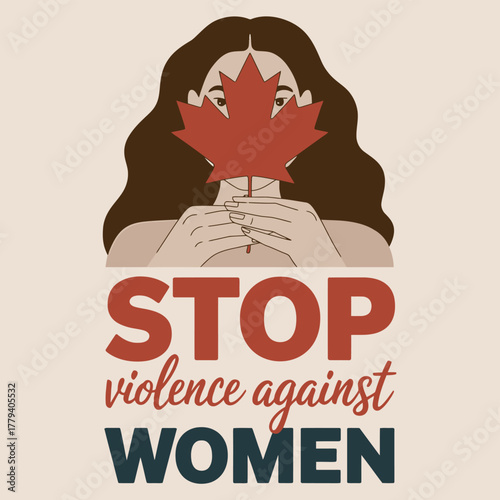 Vector art of womans face partially hidden by a canadian maple leaf with text stop violence against women