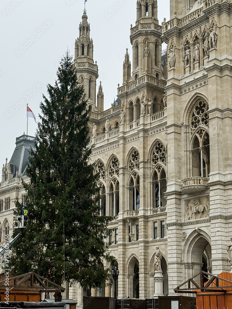 Fototapeta premium Christmas Tree Installation and Market Setup at Rathausplatz, Vienna