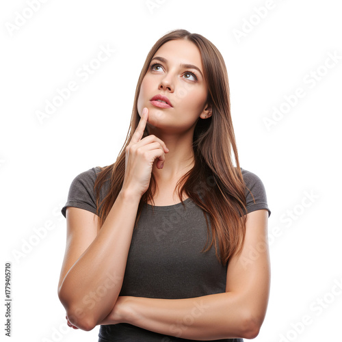 Thoughtful Woman With Long Hair in Checkered Shirt Looking up in Contemplation.
