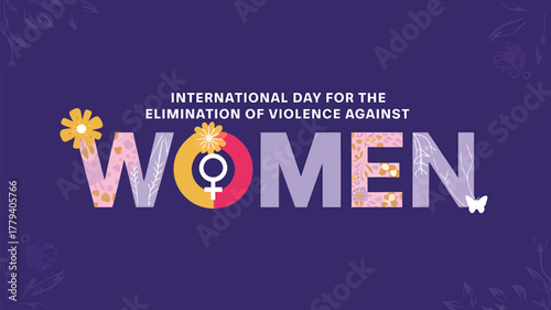 Vector art of international day for the elimination of violence against women text with female symbol and decorative elements on a purple background