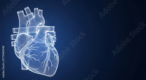 Wireframe human heart anatomy with blue background and copy space medical health