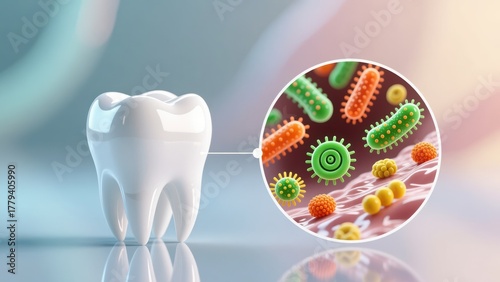 A single tooth with magnified bacteria close up showing surface infection tooth decay or sensitivity