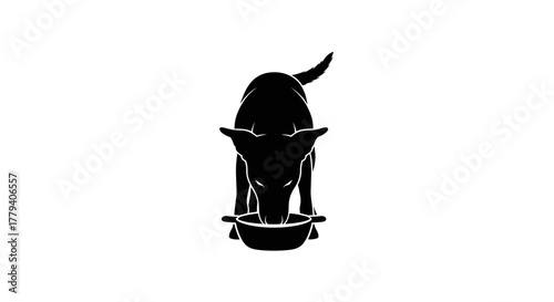 Dog drinking from portable bowl, pet care, black silhouette on transparent background