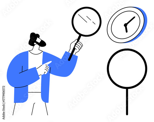 Male figure in blue jacket holding magnifying glass pointed at a clock representing analysis, focus, and time management. Ideal for productivity, research, efficiency, organization, planning