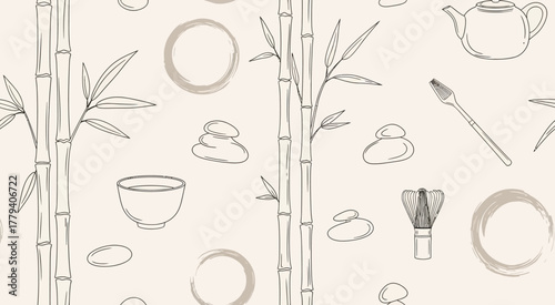 Japanese Tea Ceremony Elements Bamboo and Matcha Utensils Seamless Pattern.