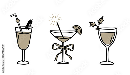 Set of hand drawn festive doodle alcoholic drinks, cocktails with orange lemon slices, sparkler. Happy New Year, Christmas celebration, winter birthday party. Isolated vector icons, line illustration