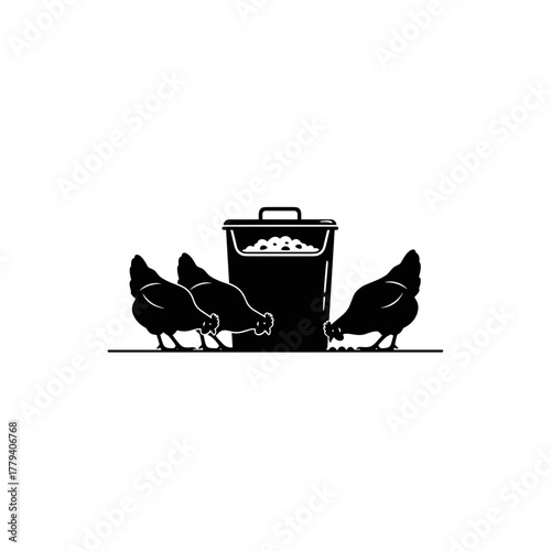 Chickens pecking near compost bin, farm life, black silhouette on transparent background