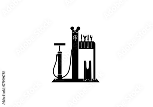 City bicycle repair station, modern design, black silhouette on transparent background  