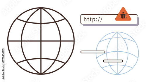 Globe representing internet, malware alert in search bar, risk to online activities. Ideal for cybersecurity, online safety, data protection, hacking, network security, web threats simple flat