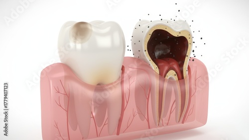 The two teeth side by side showing early and advanced decay stages illustrating tooth decay or sensitivity progression