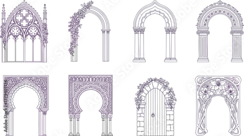 Architectural arch designs with gothic roman classical and floral styles vector