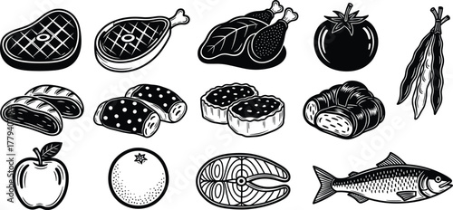 Black and white food icon set with meat fish fruits and vegetables vector illustration