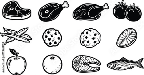 Black and white food vector icons set with meat fish fruits and vegetables illustration