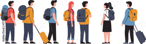 A group of people with luggage wait in line for public transportation.