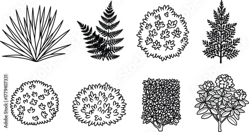 Bushes and Shrubs Vector Set in Black and White Line Art