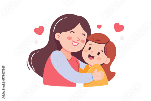 happy cute kid girl hugging mom love .vector icon
