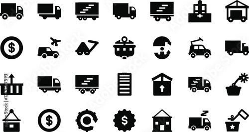 Collection of logistics and delivery icons including trucks containers money and buildings isolated on transparent background