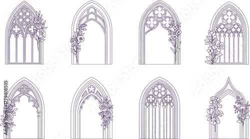 Gothic window frames with floral tracery and ornate decorative vector