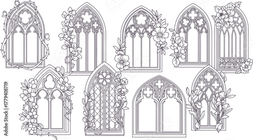 Gothic window frames with floral vines and ornate decorative vector