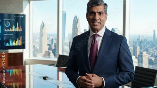 Man in suit presenting in boardroom with skyline view using data display