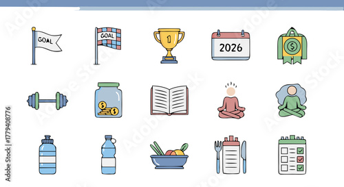 Minimal New Year Resolution Icons 2026 | Wellness & Productivity Vector Set