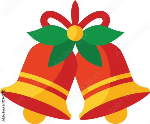 Red and gold Christmas bells vector with ribbon flat colorful festive icon