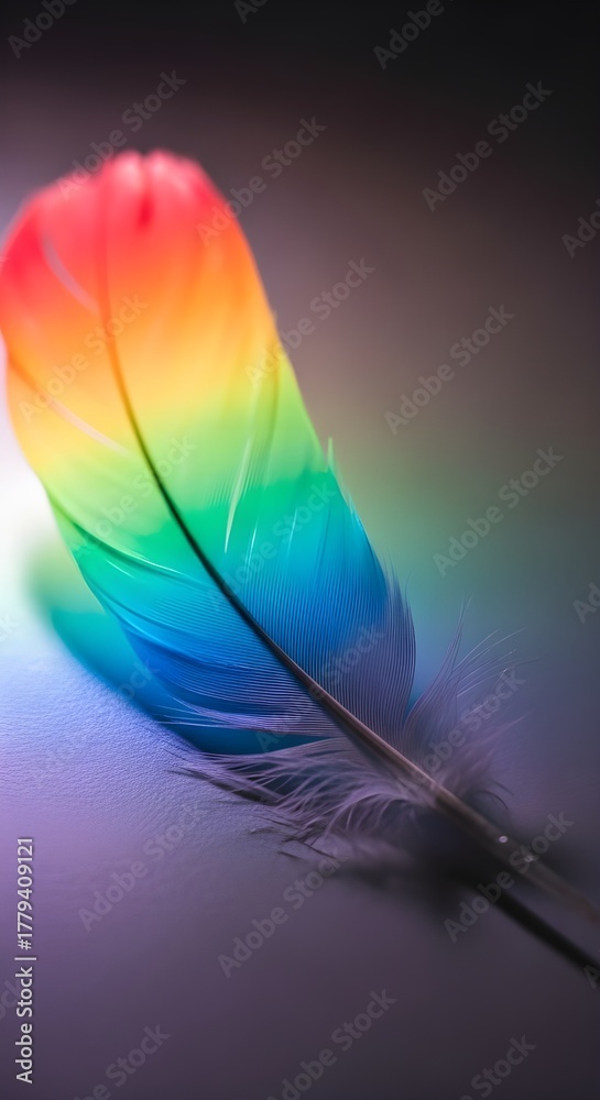 Obraz premium A vibrant rainbow feather rests gently on a smooth, reflective surface