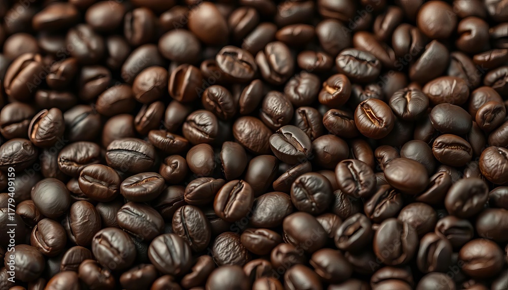 Fototapeta premium Rich, dark brown coffee beans close-up, intense aroma implied, energy, hot