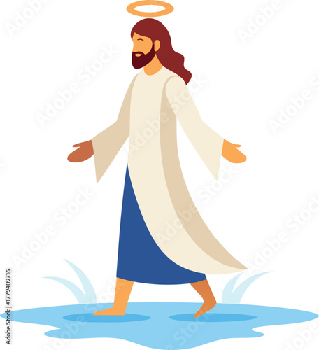 Jesus Christ walking on water, flat vector icon 