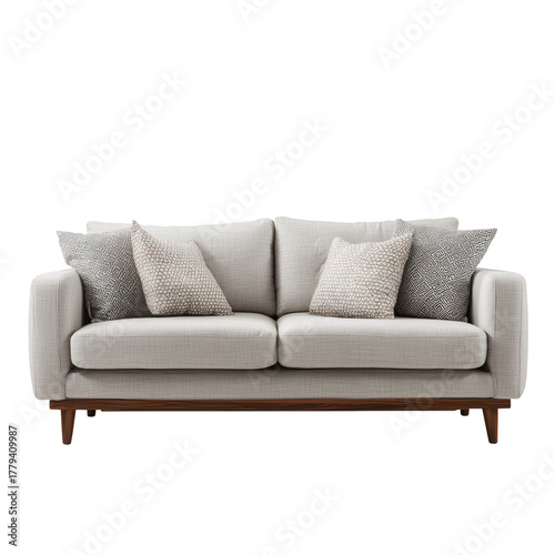 Modern Gray Sofa With Wooden Legs in Bright Living Room Space Perfect for Rel...