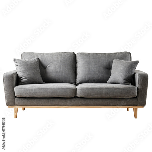 Modern Gray Sofa With Wooden Legs and Decorative Pillows in a Bright Living R...