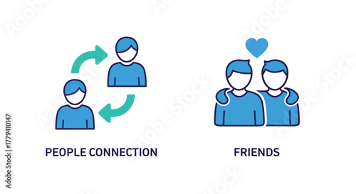 Vector illustration of two vector icons, one depicting people connection and the other showing friends, symbolizing relationships and community