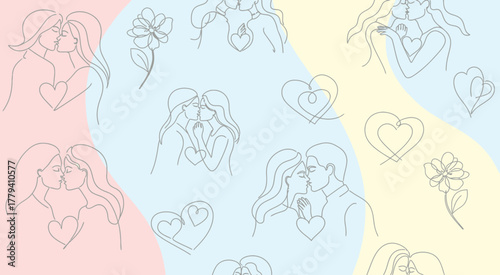 Romantic couple embraces, love hearts, floral elements, line art illustration.