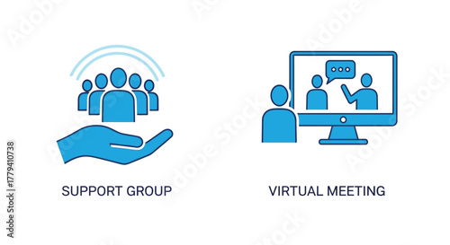 Vector illustration of illustrative icons depicting support group and virtual meeting, symbolizing community, online communication, and mutual assistance