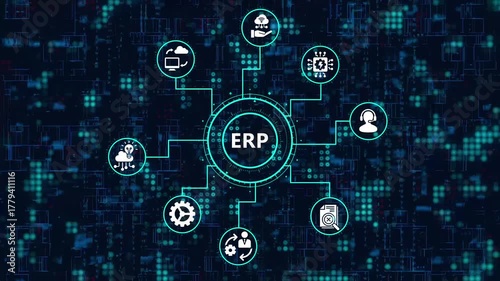 Enterprise resource planning erp concept erp system management software for business process automation on digital display futuristic technology background