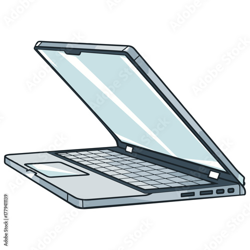 なめらかに開閉する銀色のノートパソコンと青い無地の画面が革新を感じさせる