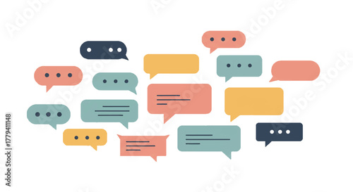 Minimal communication speech bubbles in a flat 2D vector illustration style, symbolizing dialogue and online conversation on a clean white background.